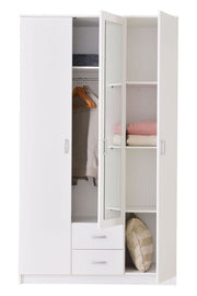 Lavish Kitchen Isle Niss White 3-door wardrobe with mirror, shelves, and drawers for elegant bedroom storage.