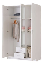 Lavish Kitchen Isle Niss White 3-door wardrobe with mirror, shelves, and drawers for elegant bedroom storage.