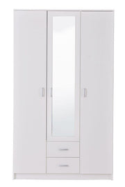 Lavish Kitchen Isle Niss White 3-door wardrobe with mirror, shelving, and drawers for elegant bedroom storage.