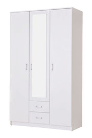 White Niss 3-door wardrobe with mirror, shelving, and drawers, ideal for elegant bedroom storage from Lavish Kitchen Isle.