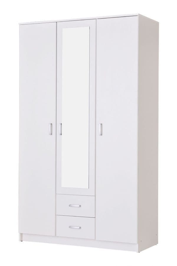 Niss White 3 Door Wardrobe with Mirror, Shelving, and Drawers Elegant Bedroom Storage Solution