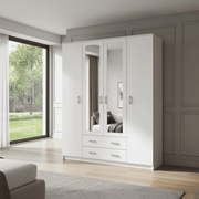 Lavish Kitchen Isle Niss White 4-door wardrobe with shelves and hanging rails for modern bedroom storage.