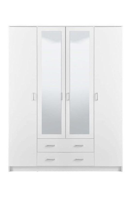 Niss White 4 Door Wardrobe with Shelves and Hanging Rails Modern Bedroom Storage Solution