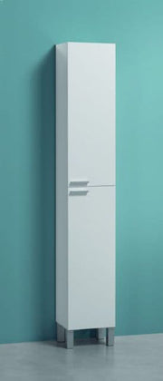 White gloss tall bathroom cupboard by Lavish Kitchen Isle, sleek narrow storage cabinet with a modern design.