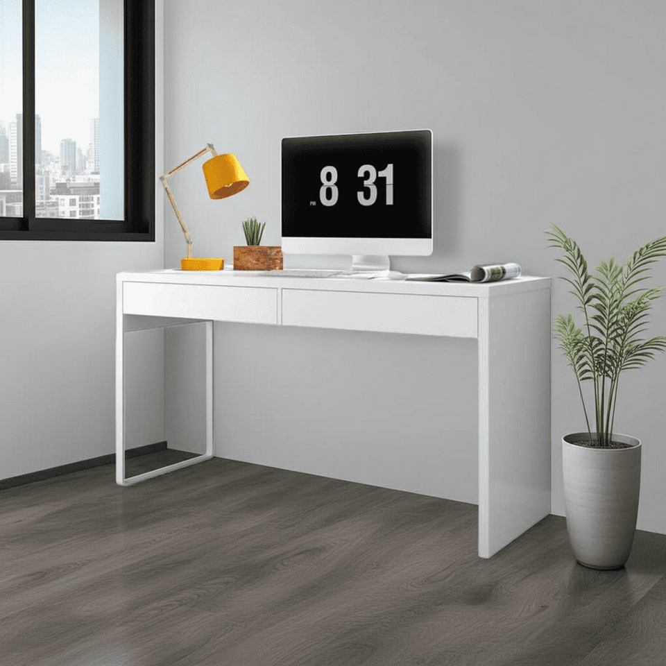 Lavish Kitchen Isle Velora Arctic White home office desk with drawers, reversible legs, and built-in storage for study or work.