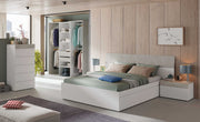 Large concrete grey and white Lavish Kitchen Isle wardrobe with open doors, shelves, and four hanging rails inside.
