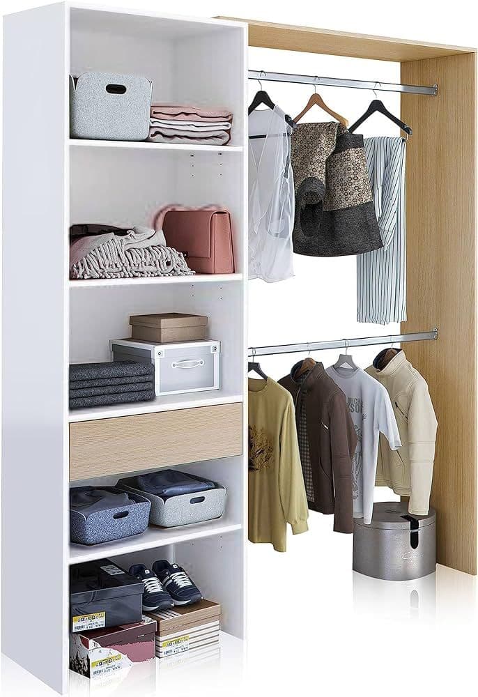 Oak and White Open Door Wardrobe 158cm Wide Bedroom Storage Cupboard with Shelves and Hanging Rails