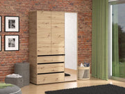 Artisan Oak three-door wardrobe with mirrored doors and storage drawers, featuring a modern design for bedroom furniture.