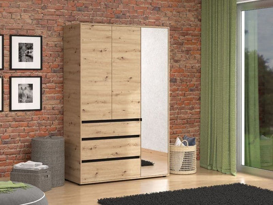Artisan Oak Three Door Wardrobe with Mirror and Storage Drawers – Bedroom Furniture