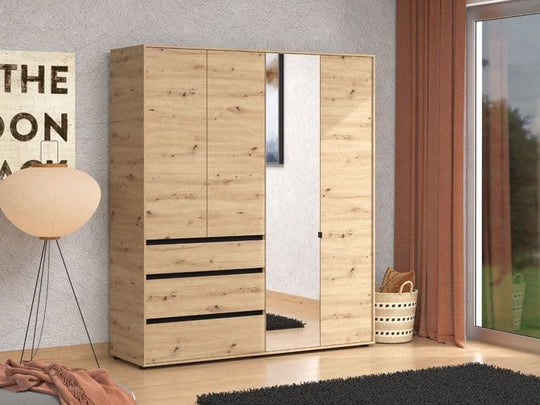 Artisan Oak Four Door Wardrobe with Mirror, Drawers and Shelving – Bedroom Storage Unit
