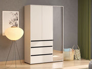 Lavish Kitchen Isle Kyoto cashmere mirrored wardrobe with three doors, three drawers, and shelves, 138cm wide.