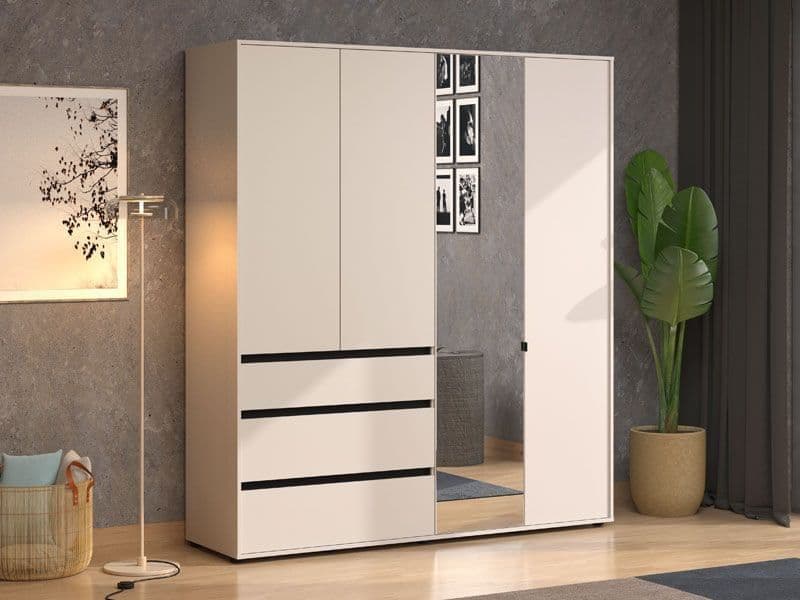 Aka Wardrobe  Mirror Storage Hanging Rail With Shelving 183cm Drawers 4 Door 3 Drawers Cashmere Bedroom Furniture