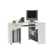 White corner desk with drawer by Lavish Kitchen Isle, compact home office study table for computer and laptop setup.