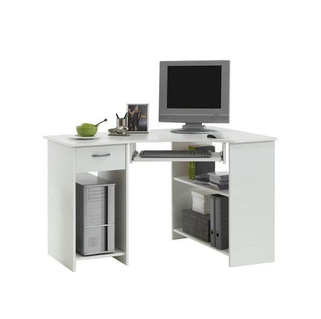 White corner desk with drawer by Lavish Kitchen Isle, compact home office study table for computer and laptop setup.