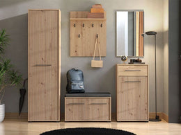 Oak-effect hallway storage bench with 2 doors and slatted design, compact shoe storage by Lavish Kitchen Isle