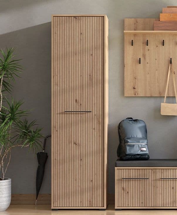 Élan Wardrobe 54.5cm 1 Door Hanging Rail  Slatted Artisan Oak Effect Slim Storage Hanging Door With Shelving Bedroom Furniture