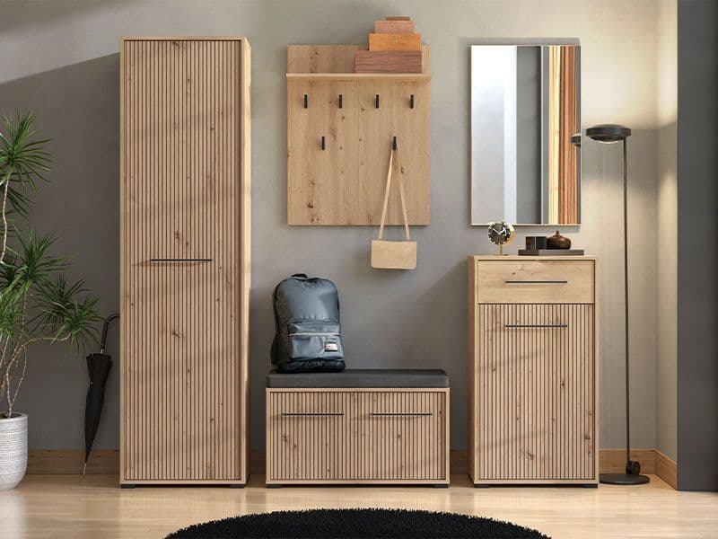 Élan Wardrobe 54.5cm 1 Door Hanging Rail  Slatted Artisan Oak Effect Slim Storage Hanging Door With Shelving Bedroom Furniture