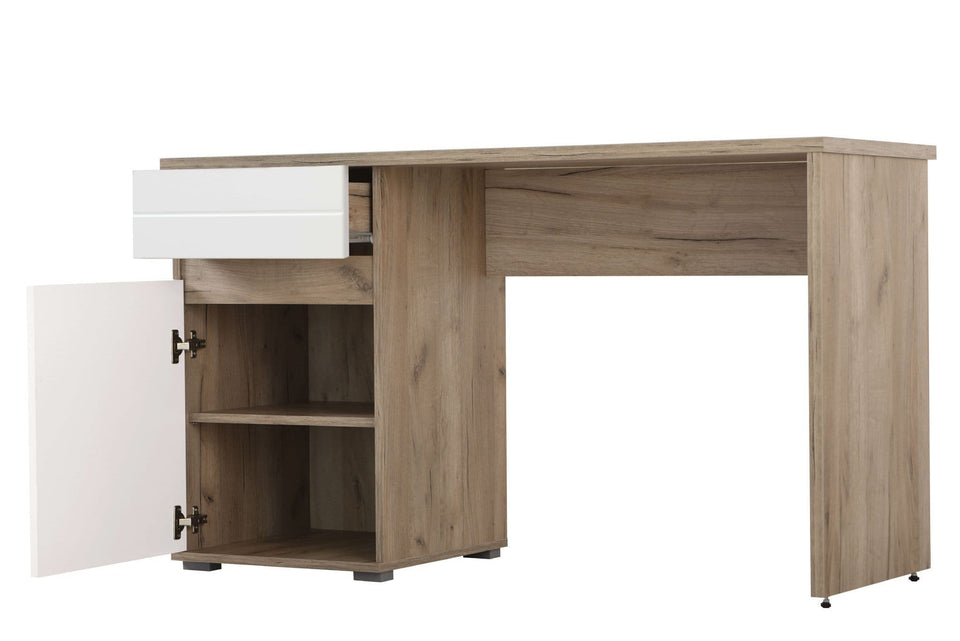 Solstice Oak and White Gloss Desk Stylish Home Office Desk with Drawer and Cupboard