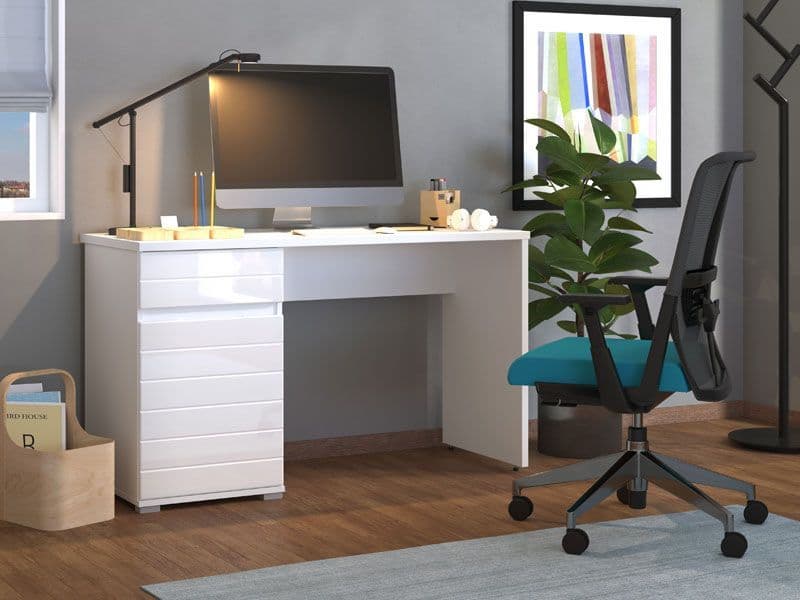 Solstice White Gloss Computer Desk Sleek Home Office Desk with Drawer and Cupboard