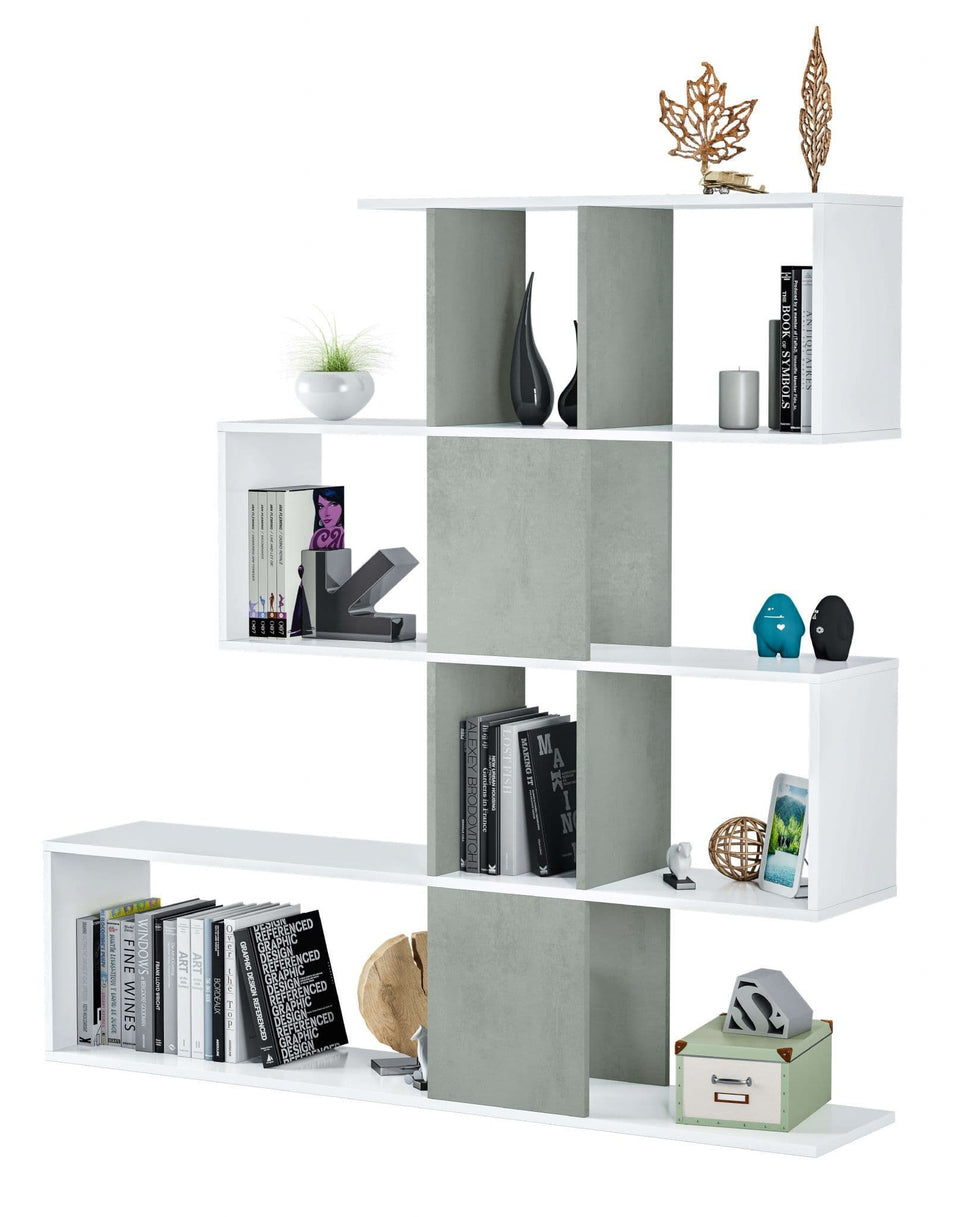 SHA Arctic White and Concrete Grey 5-Tier Shelving Storage Bookcase Unit – Modern Book Shelves for Home