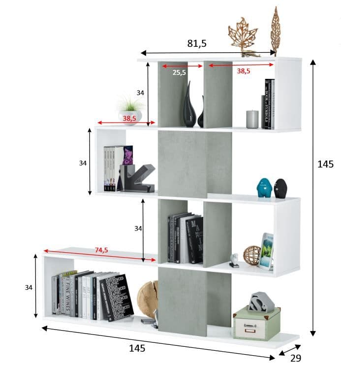 SHA Arctic White and Concrete Grey 5-Tier Shelving Storage Bookcase Unit – Modern Book Shelves for Home