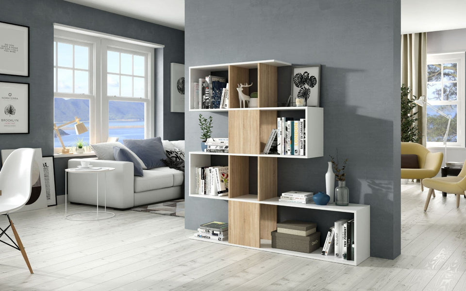 SHA Arctic White and Oak Effect 5-Tier Shelving Storage Bookcase Unit – Modern Book Shelves for Home and Office