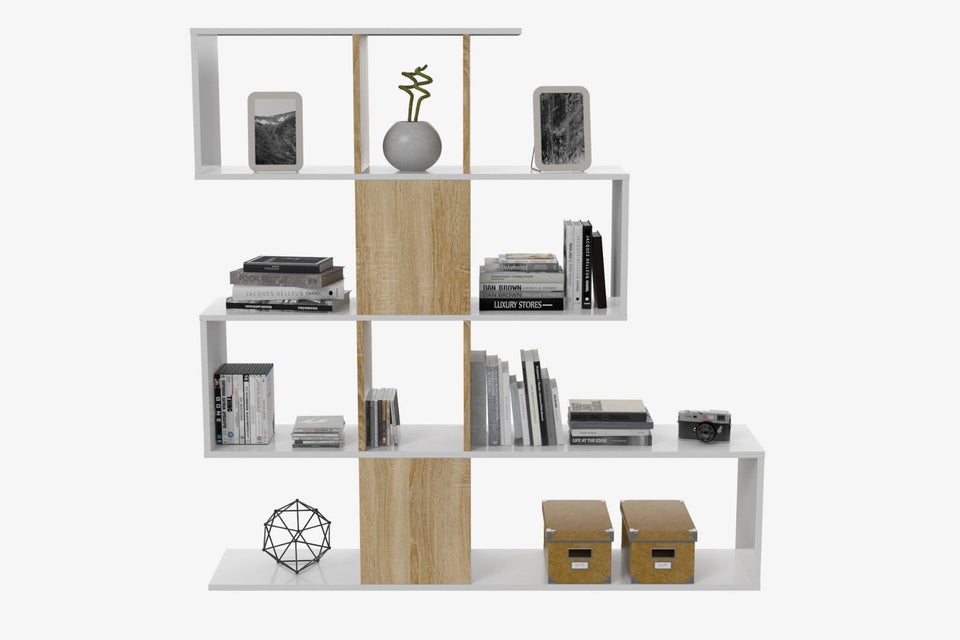 SHA Arctic White and Oak Effect 5-Tier Shelving Storage Bookcase Unit – Modern Book Shelves for Home and Office