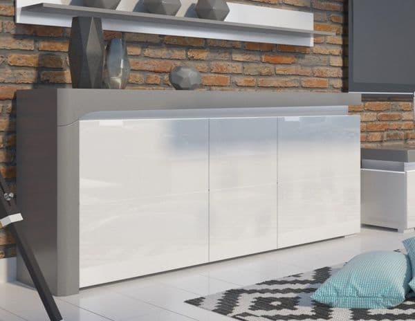 AlpenGlow Large Modern Grey and White 3 Door Sideboard With Lights