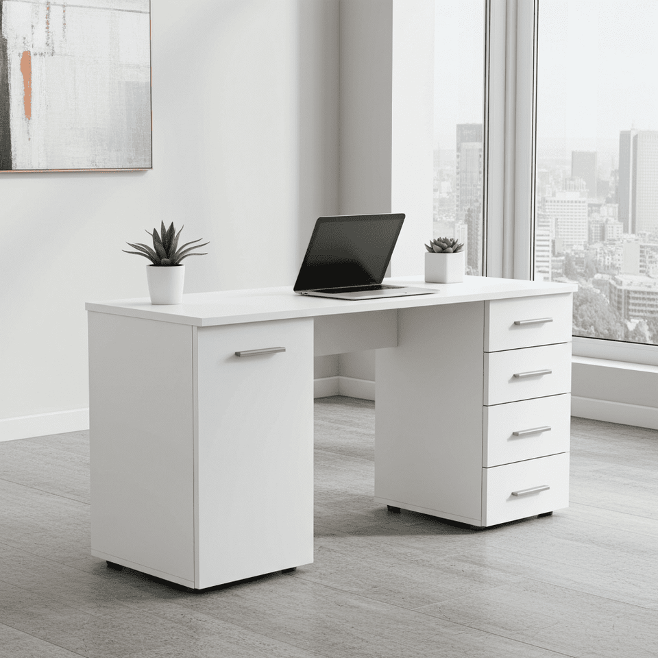 Lavish Kitchen Isle Aether Matt White Desk with 4 drawers, ideal for home office, study, or workspace setup.