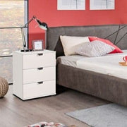 Arctic White 3-drawer bedside table by Lavish Kitchen Isle featuring modern design and sleek bedroom storage cabinet.