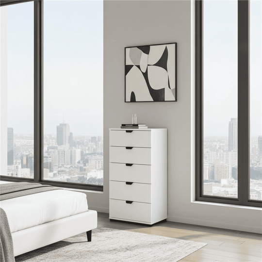 Narrow 5 Drawer Chest – White | Space-Saving Bedroom Storage