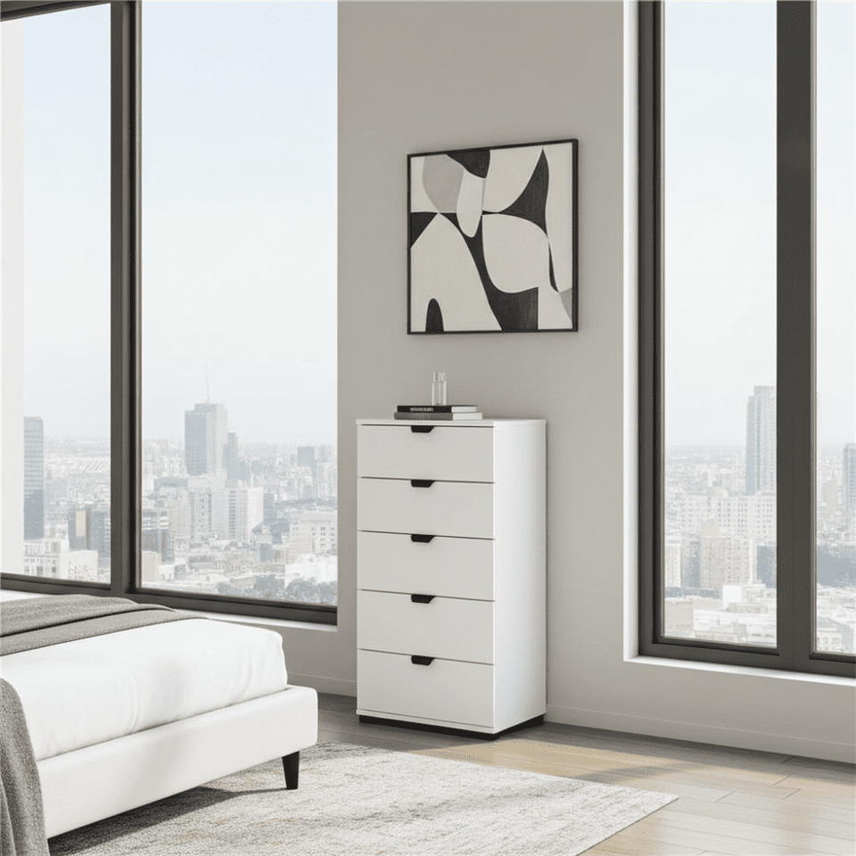 Arctic white narrow 5-drawer chest from Lavish Kitchen Isle, compact bedroom storage with sleek modern design.