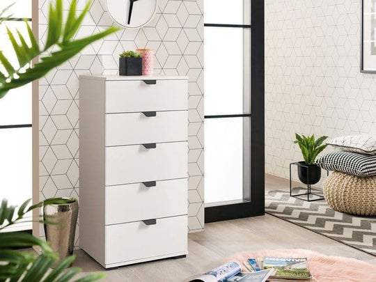 Narrow 5 Drawer Chest – White | Space-Saving Bedroom Storage