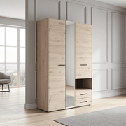 Lavish Kitchen Isle Rylora grey oak 3-door wardrobe with mirror and two drawers, modern bedroom storage solution.
