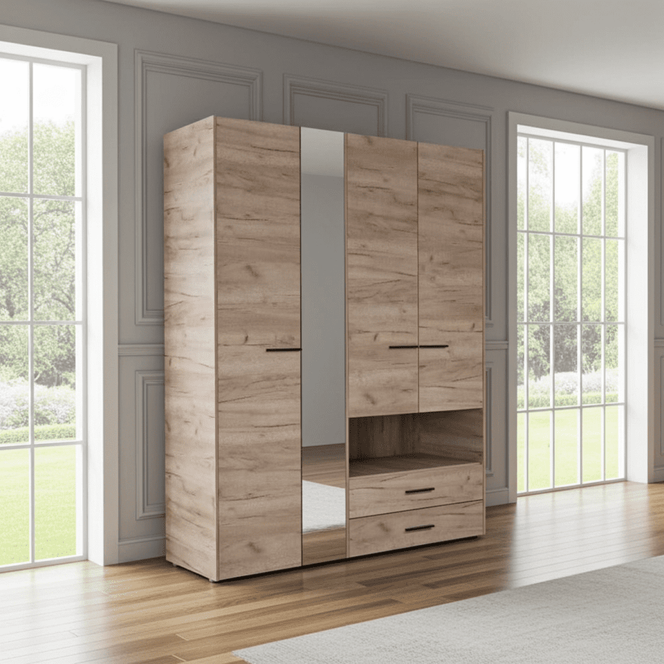 Grey oak 4-door wardrobe with mirror and two drawers, modern bedroom storage cabinet by Lavish Kitchen Isle