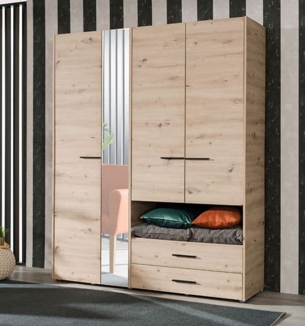 Grey Oak 4-Door Wardrobe with 2 Drawers Modern Wardrobe Storage Cupboard with Shelving and Mirror for Bedroom