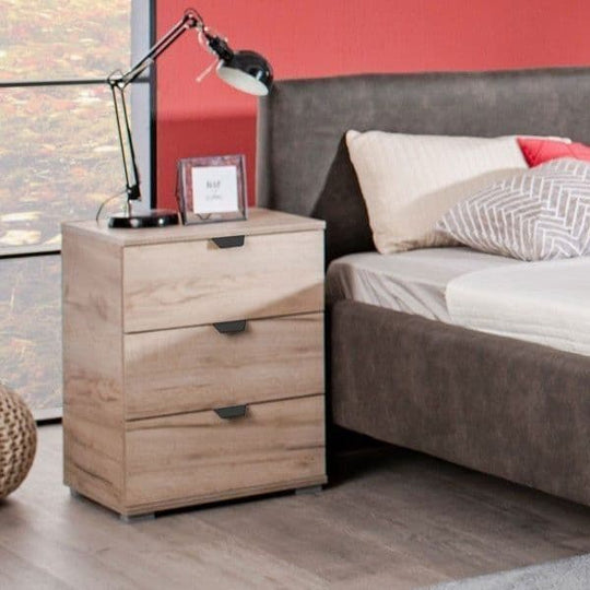 Grey Oak Effect 3 Drawer Bedside Table – Modern Bedroom Storage