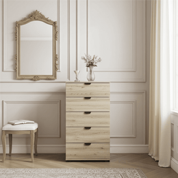 Lavish Kitchen Isle Oak Effect Wide 5 Drawer Chest with ample storage, featuring a sleek narrow design and modern oak finish.