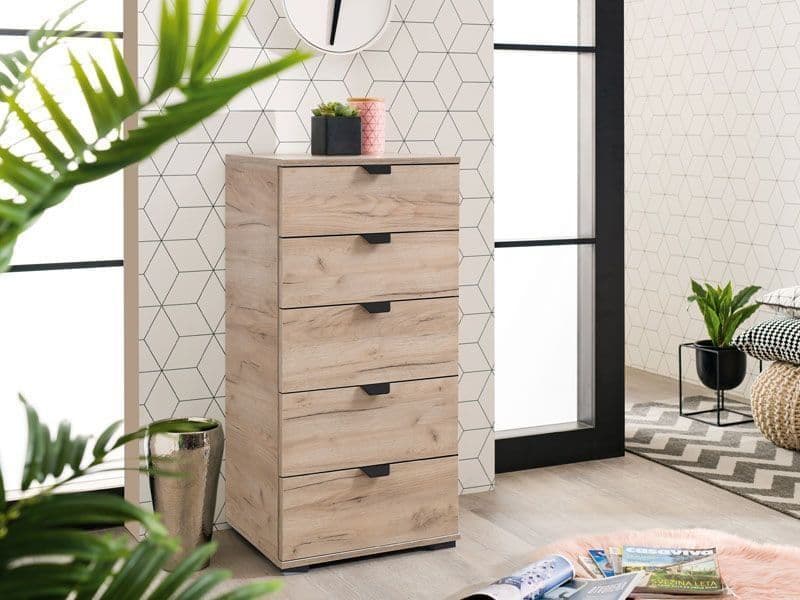 Oak Effect Narrow 5 Drawer Chest of Drawers Compact Bedroom Storage Furniture