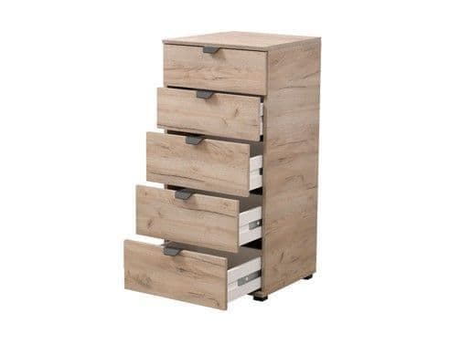 Oak Effect Narrow 5 Drawer Chest of Drawers Compact Bedroom Storage Furniture