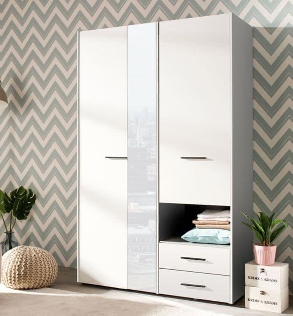 Rylora White 3-Door Wardrobe with Shelving & Drawers Stylish Wardrobe Storage Solution with Hanging Rails