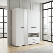 Lavish Kitchen Isle Rylora white 4-door wardrobe with shelving, drawers, and hanging rails for modern bedroom storage.