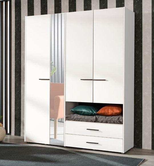 Rylora White 4-Door Wardrobe with Shelving & Drawers Modern Wardrobe Storage with Hanging Rails