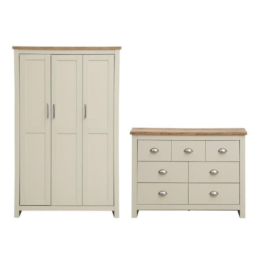 Ite 2 Piece Bedroom Set (3 Door Wardrobe, 3+4 Chest of Drawers) – Cream & Oak Effect