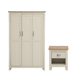 Lavish Kitchen Isle 2-piece bedroom set with cream finish, 3-door wardrobe, shelving, and bedside table for stylish bedroom storage.