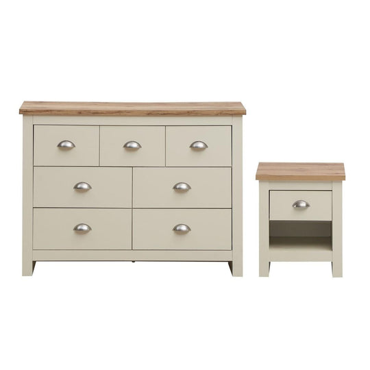 Ite 2 Piece Bedroom Set (3+4 Chest of Drawers, 1 Drawer Bedside Table) Cream & Oak Effect