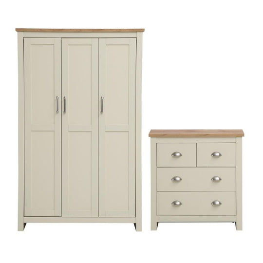 Ite 2 Piece Bedroom Set (3 Door Wardrobe, 2+2 Chest of Drawers) – Cream & Oak Effect