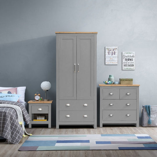 3 Piece Bedroom Furniture Set – 2 Door Wardrobe, 4 Drawer Chest, and 1 Drawer Bedside Cabinet in Light Grey with Oak Tops