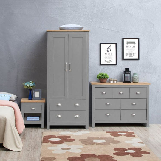 3 Piece Bedroom Furniture Set  2 Door Wardrobe, 7 Drawer Chest, and 1 Drawer Bedside Cabinet in Light Grey with Oak Tops