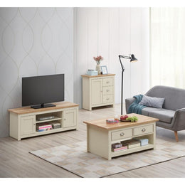 Ite 3 Piece Living Room Set 2 Door TV Unit, 1 Door Sideboard, 2 Drawer Coffee Table - Cream & Oak Effect - Lavish Kitchen Isle